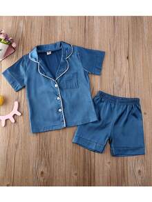 Toddler Baby Kids Silk Satin Pajamas Long Sleeve Button-Down Top Pant Sleepwear Nightwear Girls Boys Pjs - 藍色 - 查看 2