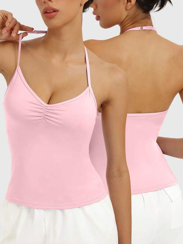 SUPEKYKO Women's Adjustable Halter Neck Yoga Top – Backless Scrunch Tank With Removable Cups, Workout Sports Bra For Gym Running