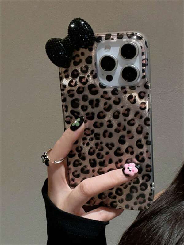 Funda de teléfono con estampado de leopardo y lazo de strass 3D, compatible con iPhone 17/16/15/14/13/12 Pro Max/11, funda trasera con protección contra golpes y elegante