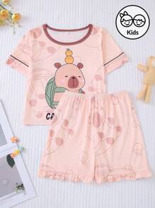 Set de 2 piezas Pijamas de manga corta para niños, nuevos pijamas de verano ligeros con cuello redondo y estampado de capibaras de dibujos animados abstractos, aptos para uso al aire libre, de niña pequeña a adolescente