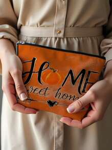 1pc Autumn Pumpkin Sunflower Maple Leaf Bow Carving Letter & Linen Print Makeup Bag, Cute Travel Cosmetic Bag & Multipurpose Coin Purse, Convenient Gift For Women