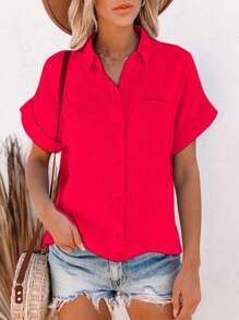 Womens Button Down Shirts Short Sleeve Linen Cotton Collared Button Up Casual Blouses Oversized Tops With Pocket