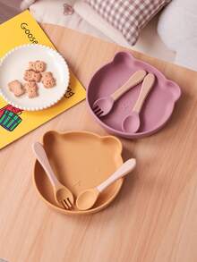 PopLittleOne 3件装婴儿硅胶餐具套装木柄勺子叉子卡通小熊碗碟零食盘喂食学习婴儿用品