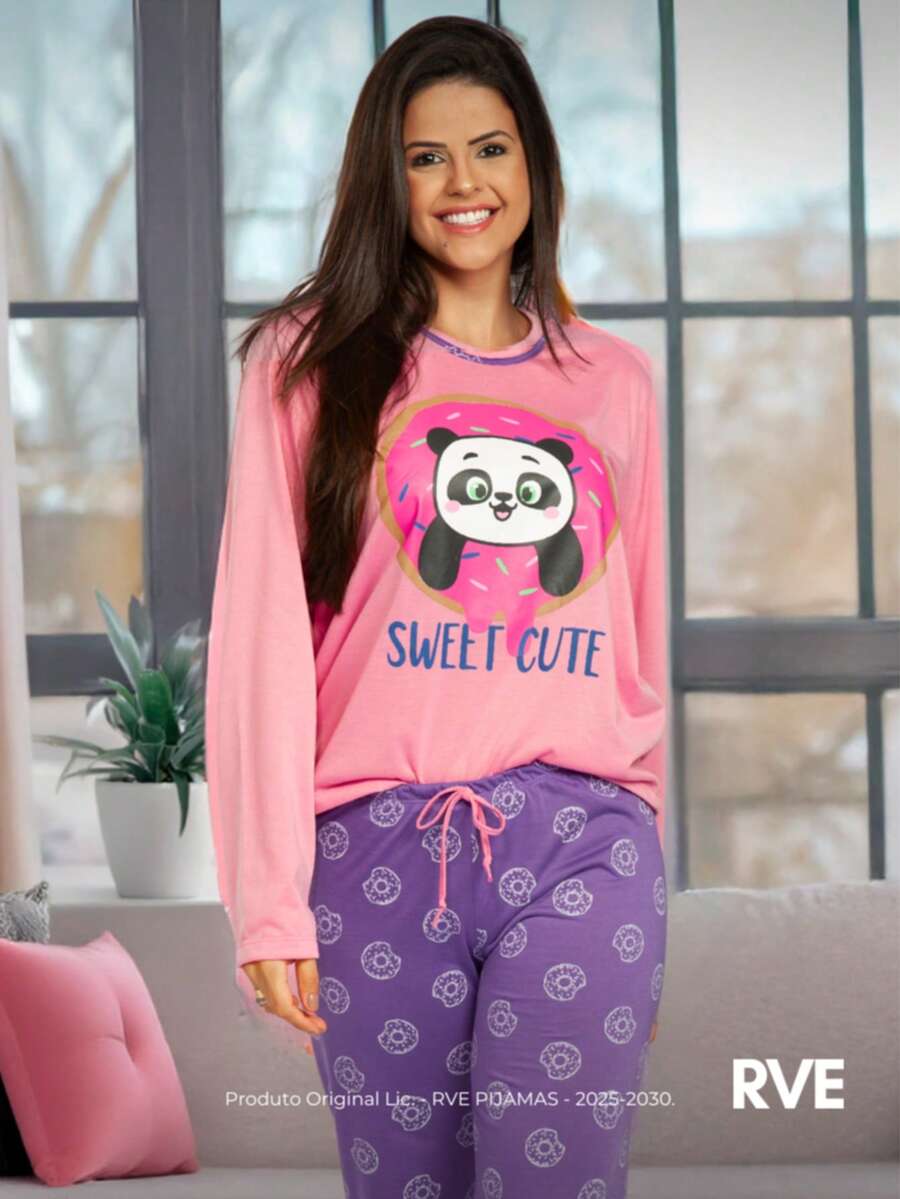 Women's Cold Weather Pajamas, Long Sleeve Top And Pants, Blogger Set, Master Comfort Print, Cute Animals - Purple - View 1