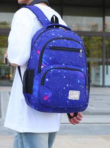 Casual High Capacity Starry Sky Print Multi-Pocket Functional Backpack, Men's Portable School College Style Bookbag For Study, Errands, Travel