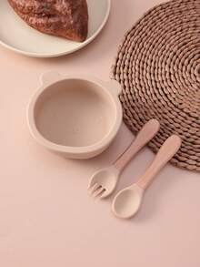 PopLittleOne 3PCS Baby Silicone Dinner Set Bear Shape Suction Bowl Wooden Handle Spoon Fork Training Learning Baby Stuff Non-Slip Baby Tableware - Multicolor - View 12