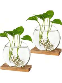2 opakowania na biurko, okrągła szklana doniczka Terrarium, wazon na kwiaty z drewnianym stojakiem do rozmnażania małych roślin hydroponicznych, wystrój biura domowego, brązowy