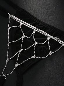 1pc Women Rhinestone Studded Mesh Thong Underwear, Versatile Beach Accessory, Jewelry, Y2K, Summer - Silver - View 5