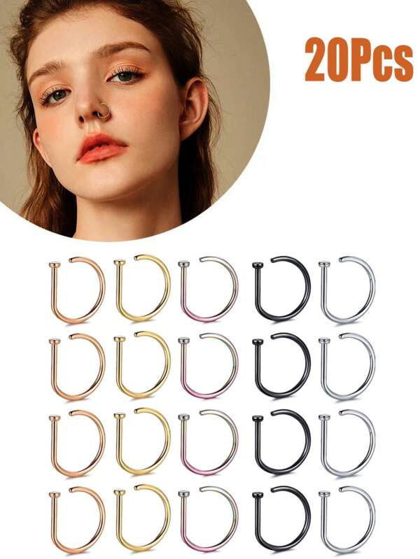 20Pcs Women Fake Piercing Nose Ring Hoop Septum Non Piercing Nose Clip Rock HipHoop Stainless Steel Fashion Punk Body Jewelry
