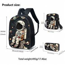 Set de 3 rucsacuri cu model de consolă Cosmonaut pentru băieți, ghiozdan casual pentru studenți din poliester, cu geantă de prânz și penar, lavabil manual, închidere cu fermoar, design cu imprimeu aleatoriu - Multicolor - Vizualizare 3