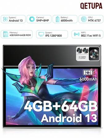 Qetupa 10.1英寸安卓13平板电脑，MTK 6737四核1.3GHz处理器，4GB RAM + 64GB ROM，高清(1280x800) IPS触摸屏，蓝牙5.2和802.11ac WiFi，500万像素前置摄像头和800万像素后置摄像头，6000mAh大容量电池（不含适配器，不支持SIM卡）