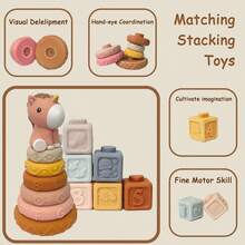 13Pcs Interlocking Rings & Blocks Building Toys, Stacking & Nesting With Unicorn Patterns, Essential Squeeze Teething Toys For Newborns, Gift For 6-12-18 Months Babies & Toddler Girls - Multicolor - View 2