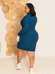 Women's Plus Size Dress Long Sleeve High Neck Elegant Premium Ribbed Fabric - Teal Blue - View 2