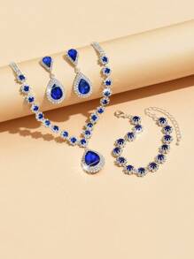 4pcs Bride Jewelry Set: Necklace, Earrings, Bracelet, Fully Rhinestone Waterdrop Floral Design For Women Evening Dress