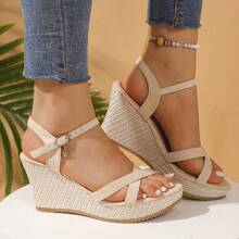Women's Fashion Wedge Sandals, Beige Rope Bottom Thick Sole Wedge Sandals, Spring/Summer