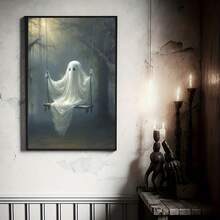 1PC Ghost Sitting On A Swing Halloween Horror Style Oil Canvas Painting Wall Arts Modern Vintage Posters Decoration, White Ghost In The Forest Modern Art Printed Poster Picture Room Decoration, Corridor, Living Room, Bedroom Halloween Wall Decoration(No Frame) - Multicolor - View 5