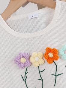 Set de 2 piezas con Blusa de manga larga con patrón de flores 3D de colores dulces y casuales y Pantalones de jean, apropiados para principios de otoño, primavera y verano, de vuelta a la escuela, uso diario