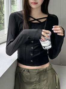 Women's Minimalist Solid Color Long Sleeve Shirt With Button Decor - Black - View 5