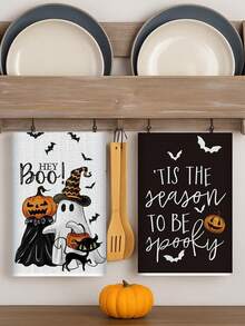 Set de 2 toallas de cocina de Halloween, toallas suaves para platos, toallas de mano absorbentes para té, toallas de té de secado rápido para lavar platos, decoraciones de Halloween, decoración de cocina de Halloween, decoración del comedor, paños de cocina para hornear y cocinar, paños de limpieza, suministros de Halloween, suministros de cocina, decoración del hogar