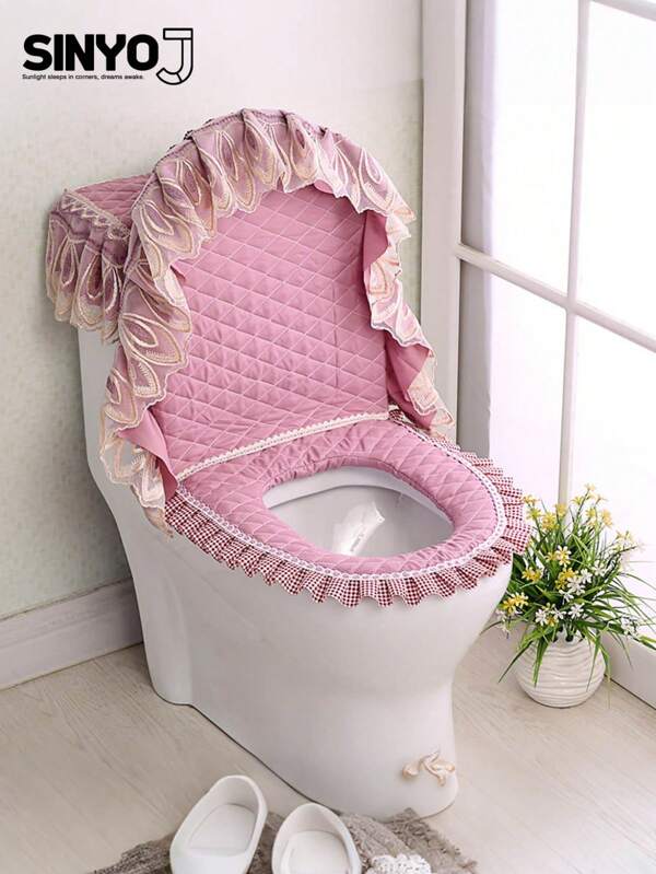 Four Seasons Breathable Gold Velvet Toilet Seat Three Pieces Set Lace Fabric Zipper Household Toilet Seat Cushion Toilet Seat Cover