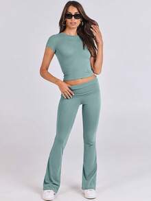 ANRABESS Lounge Sets For Women 2 Piece Foldover Yoga Flare Leggings Pants Crop Tops Casual Y2K Outfits Matching Tracksuit Set - 綠湖 - 查看 7