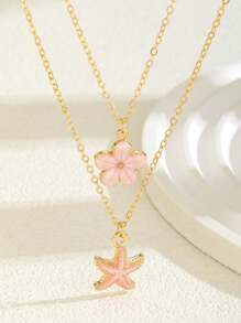 2 pièces/Set Collier de clavicule exquis, élégant et doux avec pendentif à cinq pétales et étoile de mer pour femmes. Accessoire de bijouterie pour porter au quotidien, idéal pour l'été, la plage, les vacances, les fêtes et les voyages