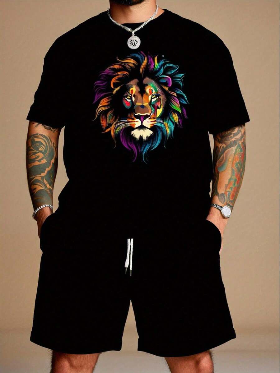 Front 3D Lion Head Pattern Print Round Collar Short Sleeve T-Shirt Top Comfortable Breathable Fabric Leisure Sports Style Men 100% Cotton Street Wear T-Shirt (Choose A Larger Size To Get A Loose Effect)