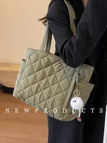 新款时尚大容量绗缝钻石设计双手柄单肩托特包，轻巧便携，女士钱包，适合夏季户外旅行，饰有动物吊坠，旅行必备背包 - 綠色 - 查看 5