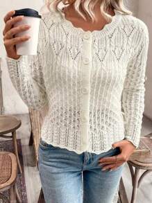 Elegant & Cute Plus Size Lady Knit Sweater, Long Sleeve, Solid Color, Hollow Out Design, Casual & Versatile, Suitable For Outing, Plus Size Women Cardigan