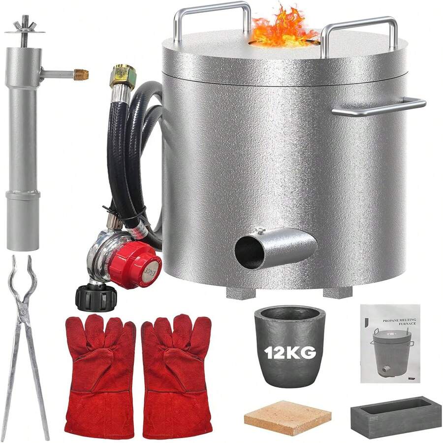 26lb Propane Melting Furnace Kit 2700°F Foundry Kiln For Gold Silver Copper Aluminum Casting Scrap Metal Recovery Jewelry Making Home Workshop 12KG Propane Melting Furnace Kit, 2700°F High Foundry Home Kiln Gold Melting Furnace For Melting Scrap Metal And Recovering Gold, Copper And Aluminum Castings 26Lbs/12KG Propane Melting Furnace Kit, 2370°F Large Capacity Metal Foundry Furnace With Crucible And Tong, Melting Copper, Silver, Aluminum And Gold For Beginner - Grey - View 1