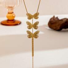 时尚金色优雅风格蝴蝶流苏吊坠不锈钢长款女士项链，适合女性日常佩戴或参加派对 - 金黃色 - 查看 4