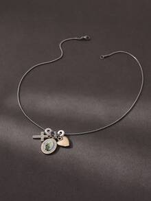 1 件经典时尚水钻镶嵌圣母玛利亚耶稣十字架和心形串珠项链，不锈钢休闲、派对、弥撒、聚会服装，适合女士 - 銀色 - 查看 4