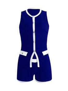 时尚性感撞色无袖纽扣开衫上衣，修身短裤，女式两件套，夏季 - 藍色 - 查看 3