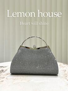 1pc Deep Gray Glitter Elegant Ruffle Edge Evening Clutch Bag, Rhinestone Decor Stylish Handbag For Wedding, Party, Formal Occasions