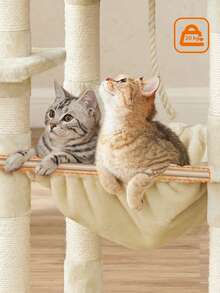 Arbre à Chat Hauteur 143 cm, Tour de Jeux pour Chat, avec 11 Poteaux à Griffer, 2 Plateformes, 1 Niche, 1 Hamac, 2 Pompons, en Tissu Peluche, Plusieurs Niveaux, Beige - Beige - Voir 4