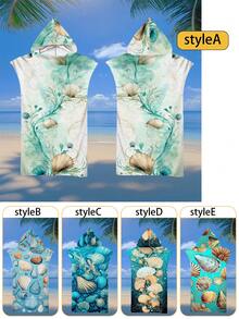 1pc Seashell Printed Hooded Cloak, Ultra-Fine Fiber Beach Blanket And Hooded Beach Poncho 2-In-1, With Buttons, Unbuttoned Can Convert To Beach Blanket, Super Absorbent Towel, Suitable For Travel, Swimming Pool, Diving, Surfing, Yoga, Camping, Available For Adults And Kids Back To School - Multicolor - View 1