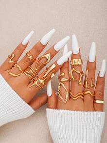 15 件复古几何星星设计不对称夸张金色戒指套装，适合女士、休闲、约会、派对、礼物，无盒 - 款式1 - 查看 7