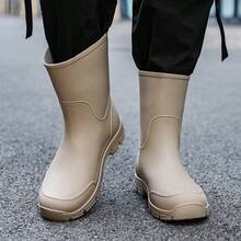 女款條紋工作風 PVC 戶外四季防水雨靴 中筒格紋女款雨鞋 男款工作防水鞋 灰色 - 淺灰色非束口 - 查看 8