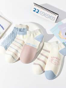 5 Pares (Estilos Aleatórios) Meias Curtas Estilo Japonês para Mulheres, Verão Boca Rasa Listrada Retalhos Urso Corte Baixo Respirável Alto Meias Fofas