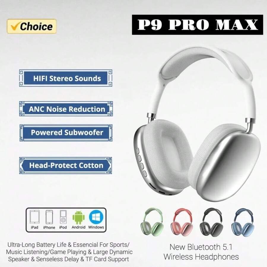 P9 Pro Max Subwoofer Bluetooth Headsets Wireless Headsets Bluetooth 5.0 Sports Headsets Bass Wireless Headsets