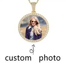 1pc Personalized Photo Pendant Necklace - Hip Hop Luxury Style, Sparkling Rhinestones, Non-Magnetic - Perfect For Men, Ideal For Christmas, Thanksgiving, Teacher's Day, Back To School, Graduation Gifts, Personalized Necklace