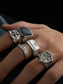 5 件套复古银字母和十字架设计戒指，复古哥特朋克风格，适合送礼、派对、活动和日常佩戴 - 銀色 - 查看 1