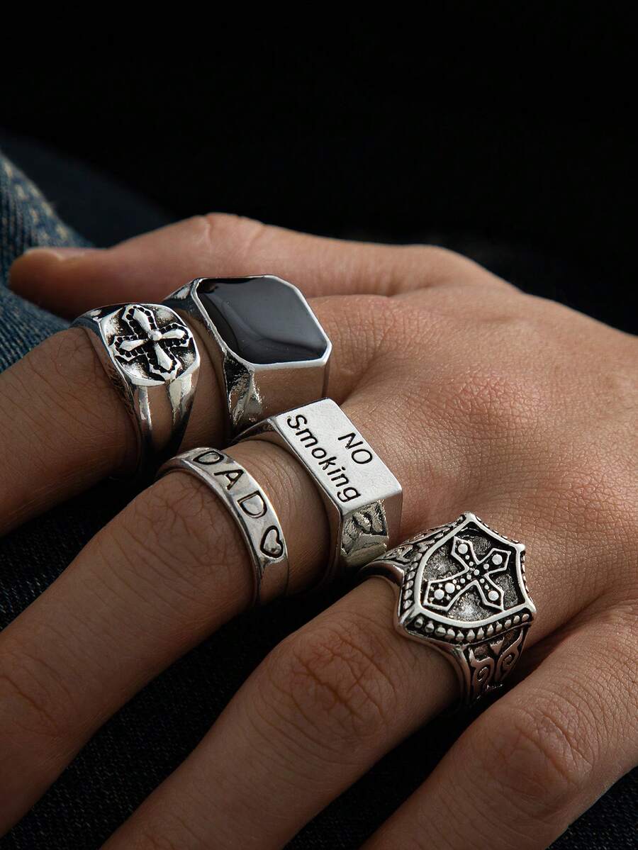5 件套复古银字母和十字架设计戒指，复古哥特朋克风格，适合送礼、派对、活动和日常佩戴 - 銀色 - 查看 1