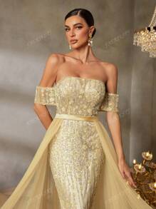 Faeriesty Faeriesty Elegant Off-Shoulder Evening Gown With Adjustable Back Tie Closure, Sheer Tulle Extensions & Dramatic Mermaid Silhouette - Perfect For Red Carpet Galas, Black-Tie Weddings, Opera Performances, Gala Dinners, High-Profile Charity Events