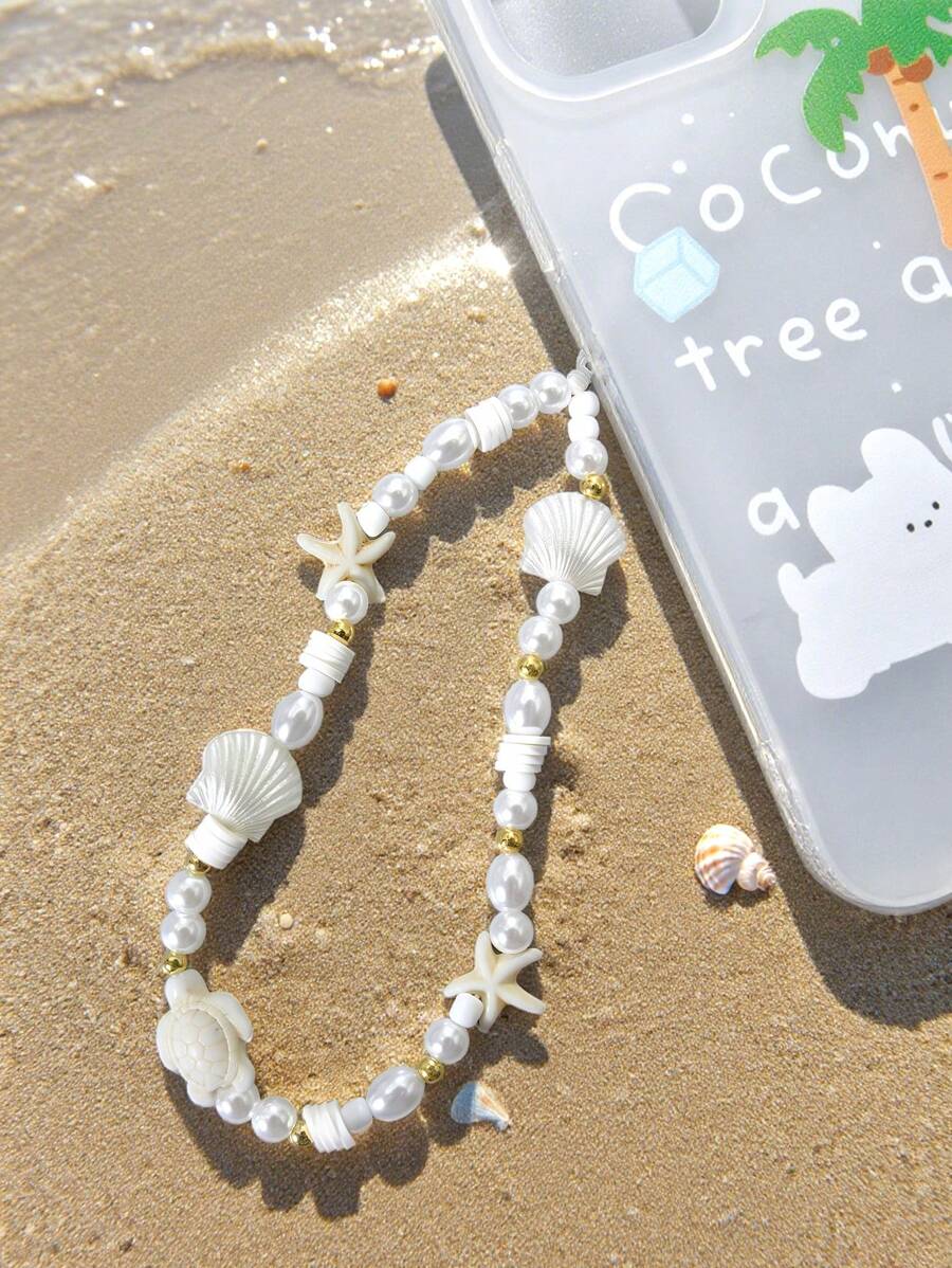 1 pieza Colgante de cadena para celular con decoración de estrella de mar y concha de mar de perlas falsas, estilo de vacaciones de verano