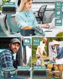 Lonchera Eléctrica - Fiambrera eléctrica de 60 a 80 W para adultos, calentador de alimentos portátil para coche, camión, trabajo, con tenedor y cuchara de acero inoxidable (Gray) - Gris - Ver 3