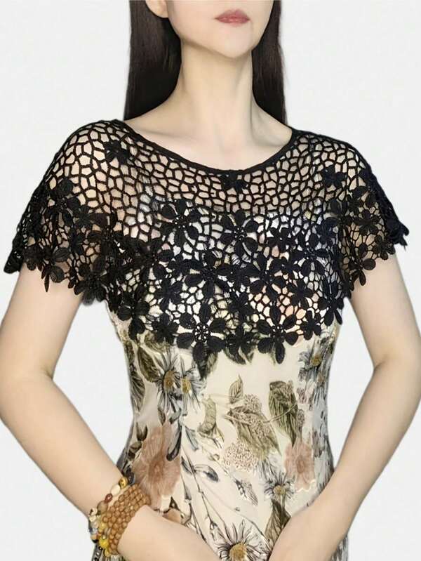 1pc Lace Crochet Knit Cover Up, Black & White Shell Flower Pattern, Lightweight Thin Short Shrug Jacket, Versatile Sleeveless Top