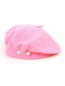 1pc Women Solid Color Faux Pearl Decoration Wool Casual Beret Cap, Elegant & Luxury Black Beret Hat,Summer,Beach,Holiday,Travel - Multicolor - View 19