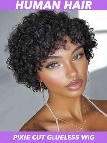 Pixie Cut Wigs Human Hair Short Curly Bob Wigs With Bangs Brazilian Afro Curly Human Hair Wigs Glueless Machine Made Short Pixie Cut Wigs For Women - Natural Black - View 2