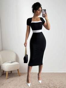 Vestido informal de mujer con escote cuadrado, manga corta, corte entallado y contraste en blanco y negro - Blanco y Negro - Ver 1